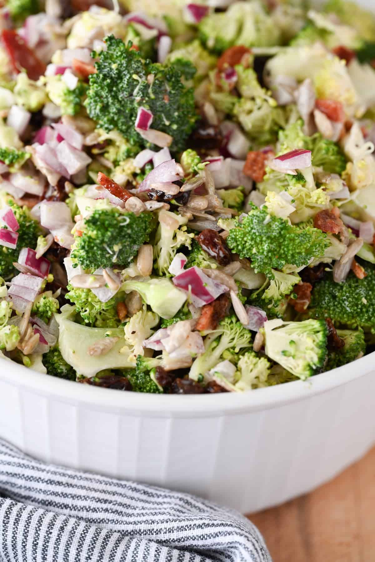 close up of the ingredients in broccoli salad recipe