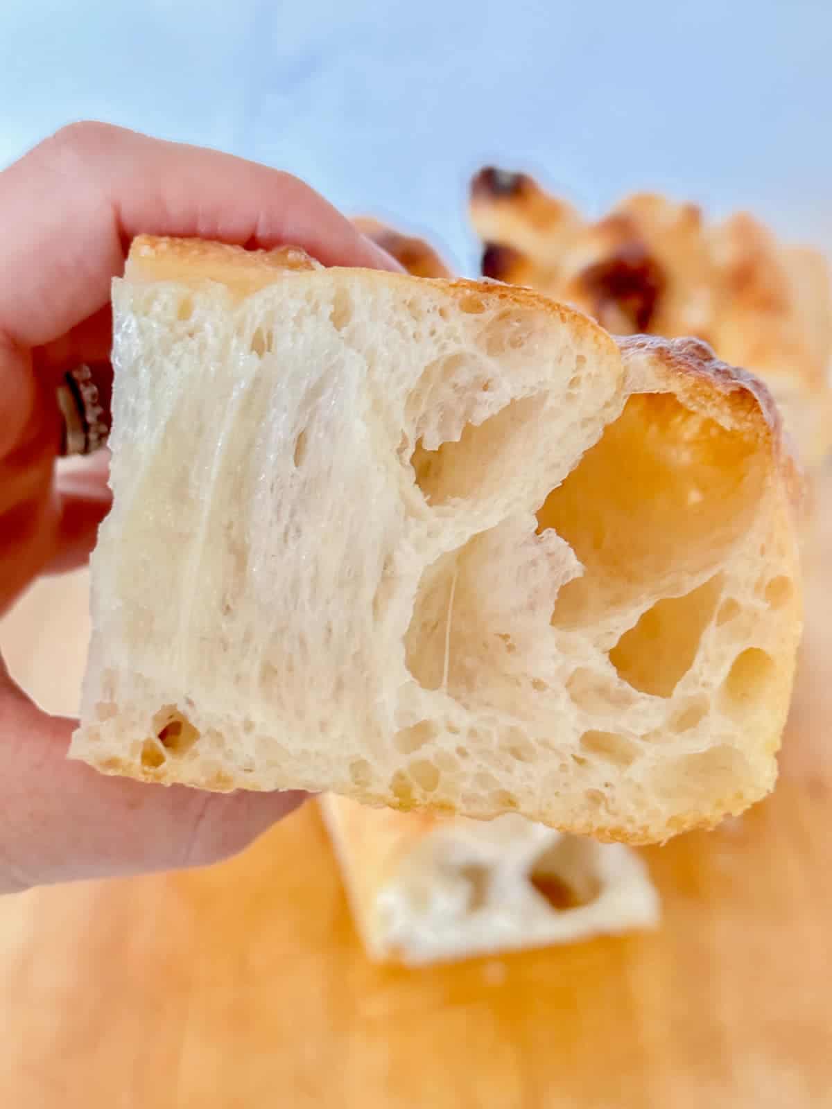 close up of the inner structure of a freshly baked loaf of facaccia bread