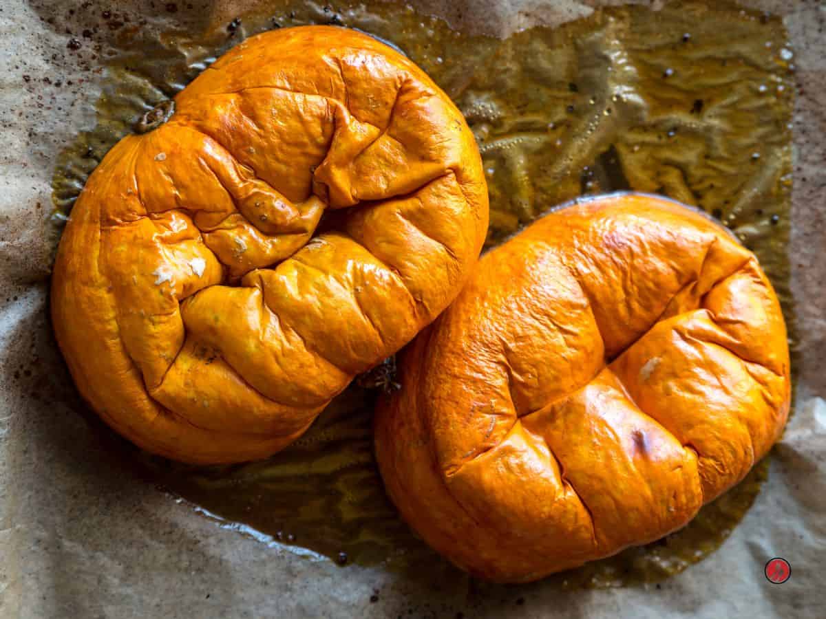 pumpkin on a baking sheet roasted and cooling