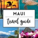 Maui travel guide pinterest image with photos of Maui beaches, honu, and a lovely maui sunset.